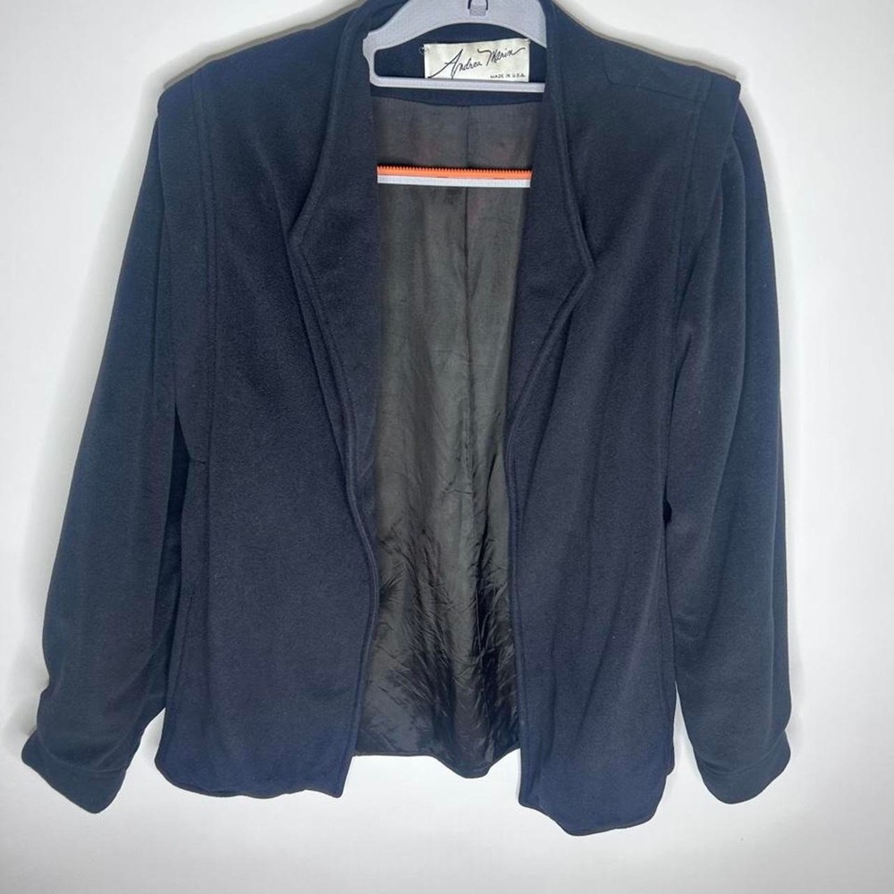 Vintage Andrea Marin Black Fleece Blazer Jacket Open Front Lined Made in USA (M)